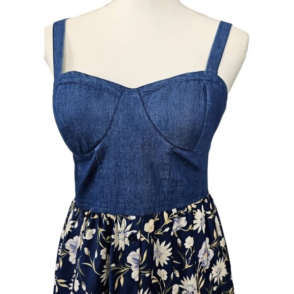 ❤️203 Band Of the Free Chambray Denim Floral Boho Tier Midi Dress - Picture 4 of 10